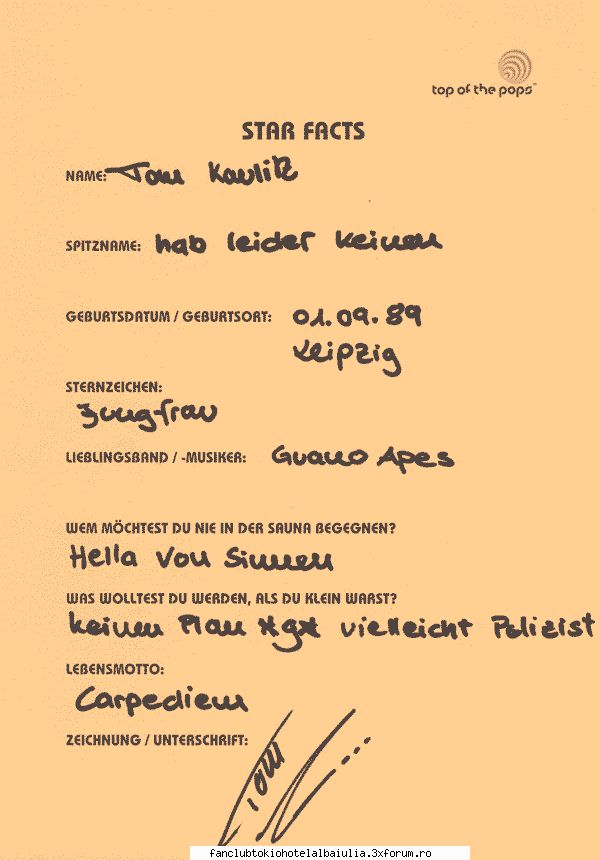 Fisa Star Facts - Scrisul lui Tom , datzi click sa se vada mai - TOM
